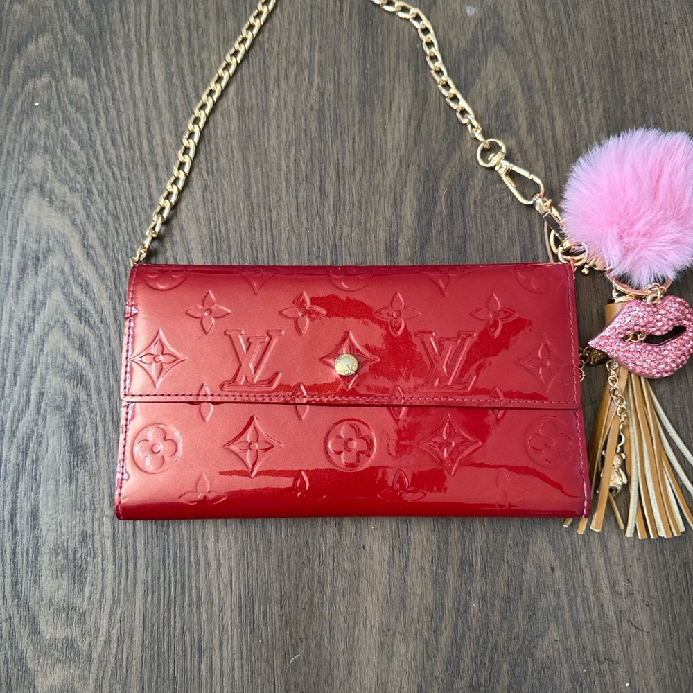 Louis Vuitton Cherry Red Patent Wallet with Gold Chain
